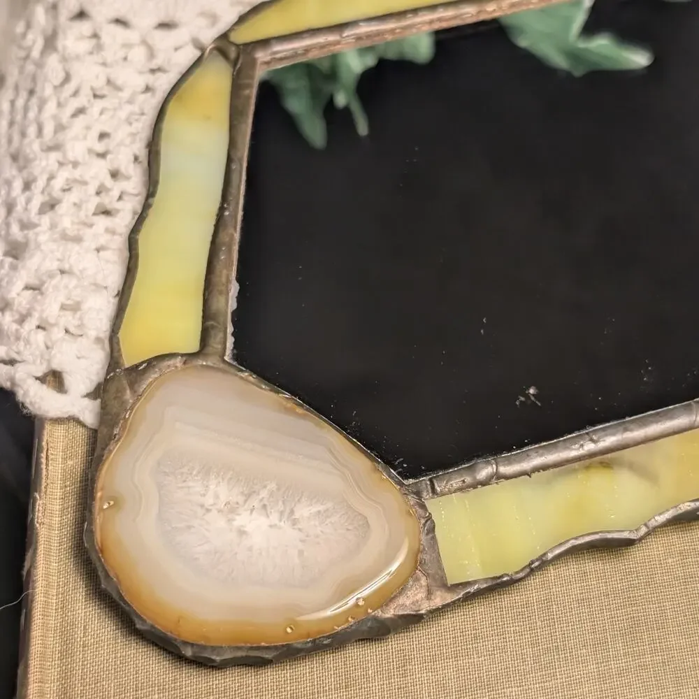 Handmade Vintage Stained Glass Mirror w Agate Stone Wall Hanging Boho Decor OOAK